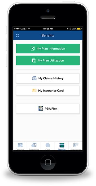 App screen showing member information links:  plan information, plan utilization, claims history, ID card, flex benefits