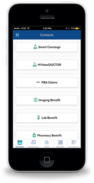 App screen showing member resource links:  smart concierge, telemedicine, imaging benefit, lab beneift, pharmacy benefit