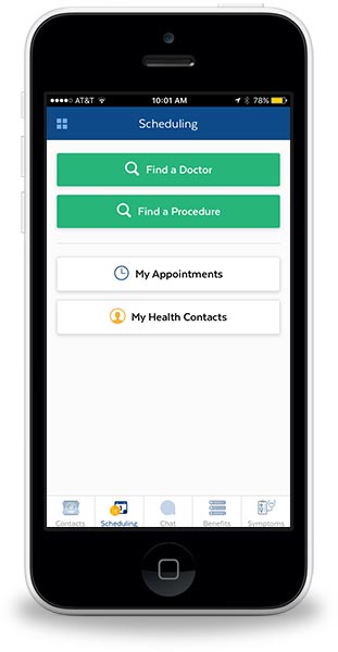 App screen showing tools for scheduling:  find a doctor, find a procedure, my appointments, my health contacts